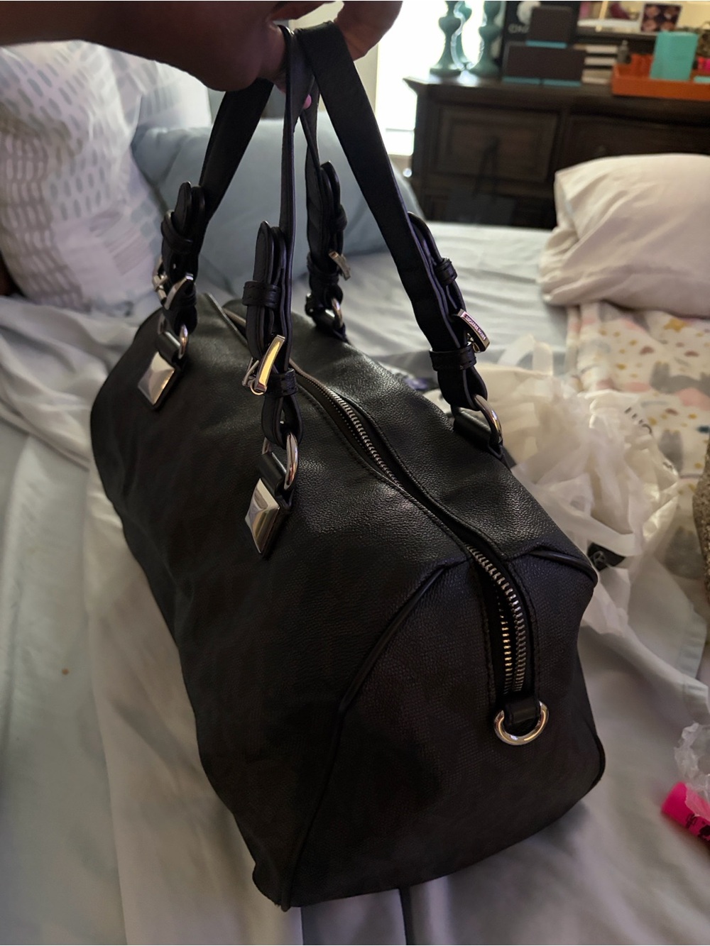 Michael Kors Black MK Signature Dome Satchel with Gold Hardware - Picture 10 of 16